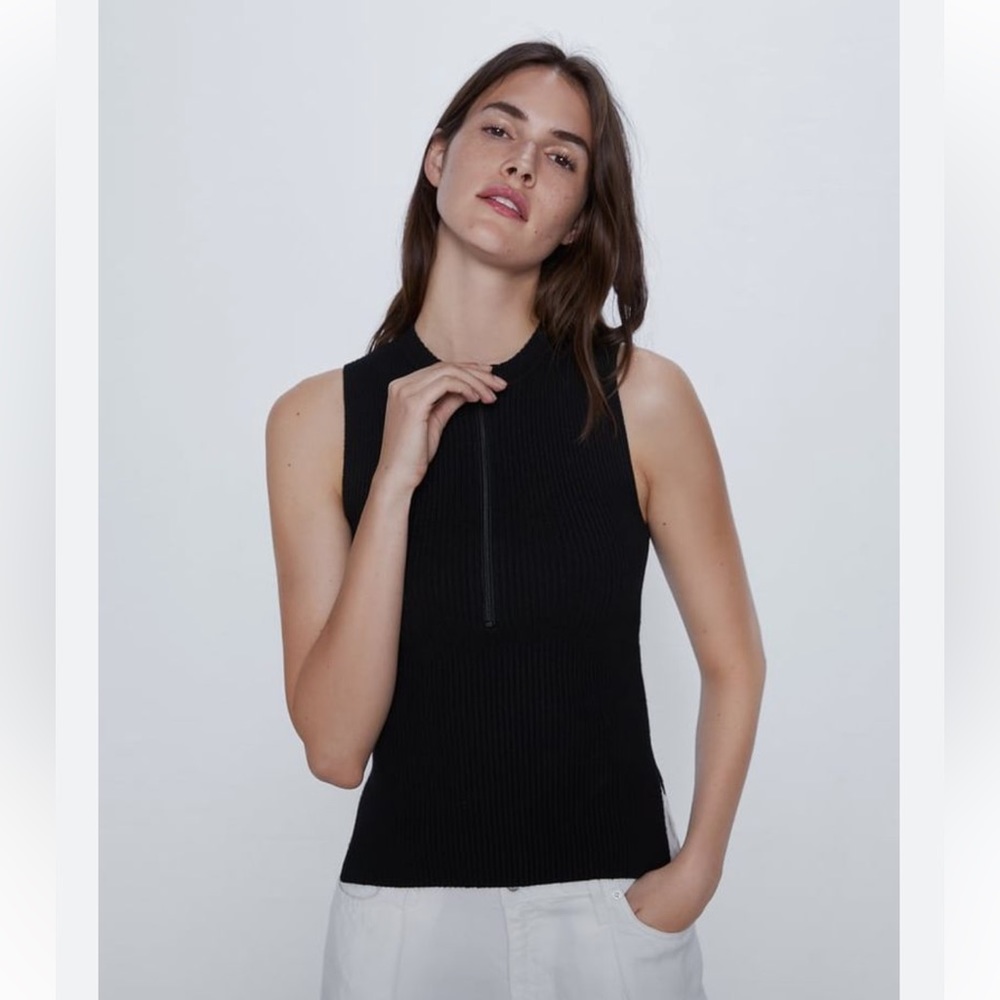 Zara NWT Black Zippered Knit Top size L